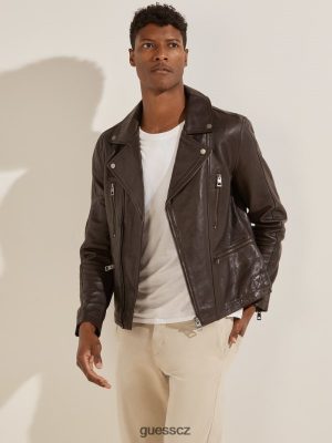 GUESS Boty - GUESS Kožená motorkářská bunda Čokoládová sušenka muži 2BRD4106 oblečení
