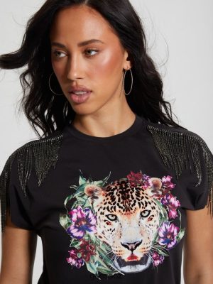 GUESS Boty - GUESS Leopard Fringe Tee Acid Jet Black ženy 2BRD995 oblečení