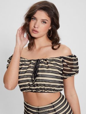 GUESS Boty - GUESS Maya Mesh Puffed Smeeve Top bílá černá kombo ženy 2BRD932 oblečení
