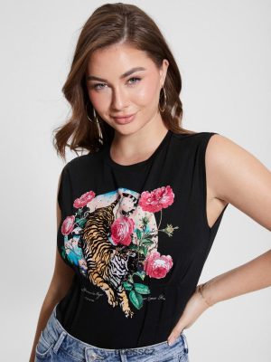 GUESS Czarna Torebka - GUESS Tiger Roses Corset Tee černý ženy 2BRD1011 oblečení