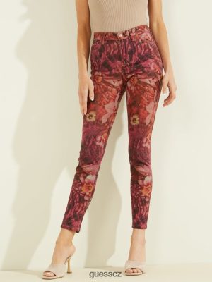 GUESS Czech Republic - GUESS 1981 Tropické hubené kalhoty batik tropický tisk růžový ženy 2BRD256 oblečení