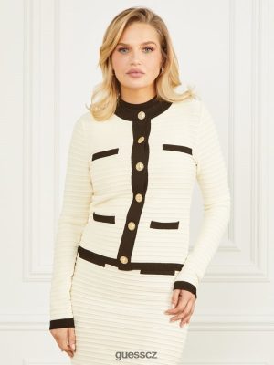 GUESS Czech Republic - GUESS Alba reliéfní pruhovaný svetr Sandy Shore/Black ženy 2BRD1783 oblečení