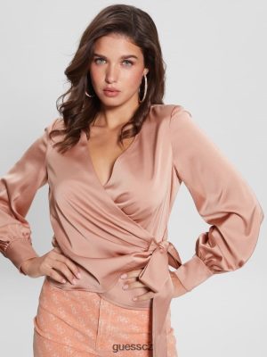 GUESS Czech Republic - GUESS Blůza Eco Lovisa Wrap Satén Rose ženy 2BRD1552 oblečení