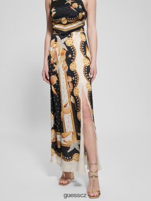 GUESS Czech Republic - GUESS Dora satén maxi sukně Tisk černé skořápky ženy 2BRD2026 oblečení