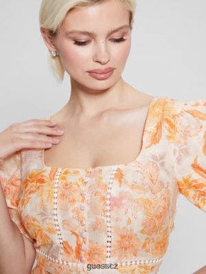GUESS Czech Republic - GUESS Eco Cassandra nafouknula květinová plodina Tangerine Bloom ženy 2BRD1309 oblečení