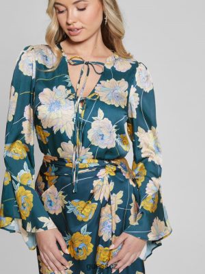 GUESS Czech Republic - GUESS Eco Faiza Top Budoucí květinový tisk modrá ženy 2BRD1654 oblečení