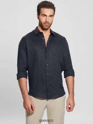 GUESS Czech Republic - GUESS Eco Island Linen tričko Bleu elegantní muži 2BRD3991 oblečení
