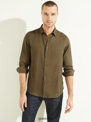 GUESS Czech Republic - GUESS Eco Island Linen tričko zelená jídelna muži 2BRD4114 oblečení