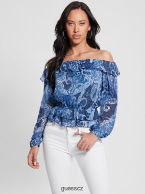 GUESS Czech Republic - GUESS Eco Off-the-Shoulder Lucy Top Nordic Sea Kašmír ženy 2BRD1075 oblečení
