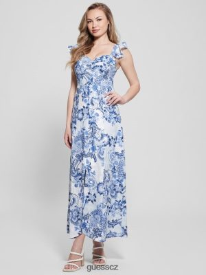 GUESS Czech Republic - GUESS Eco Rose Maxi šaty modré sběratelské předměty ženy 2BRD556 oblečení