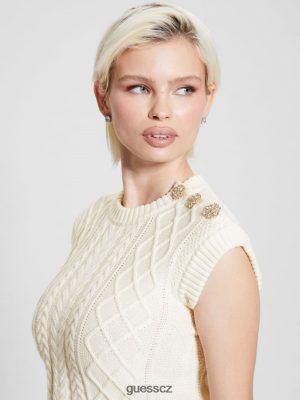 GUESS Czech Republic - GUESS Eco Sabine Jewel Pleten Crop Top krémová bílá ženy 2BRD1018 oblečení