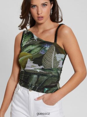 GUESS Czech Republic - GUESS Eco Shirred Asymetrical Dinah Top Moonlit Tropic Garden ženy 2BRD1081 oblečení
