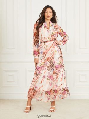 GUESS Czech Republic - GUESS Růžové hedvábné oblékání Tisk růžového stínu ženy 2BRD745 oblečení