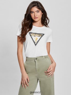 GUESS Czech Republic - GUESS ekologické zvířecí trojúhelníkové tričko krémová bílá ženy 2BRD1255 oblečení